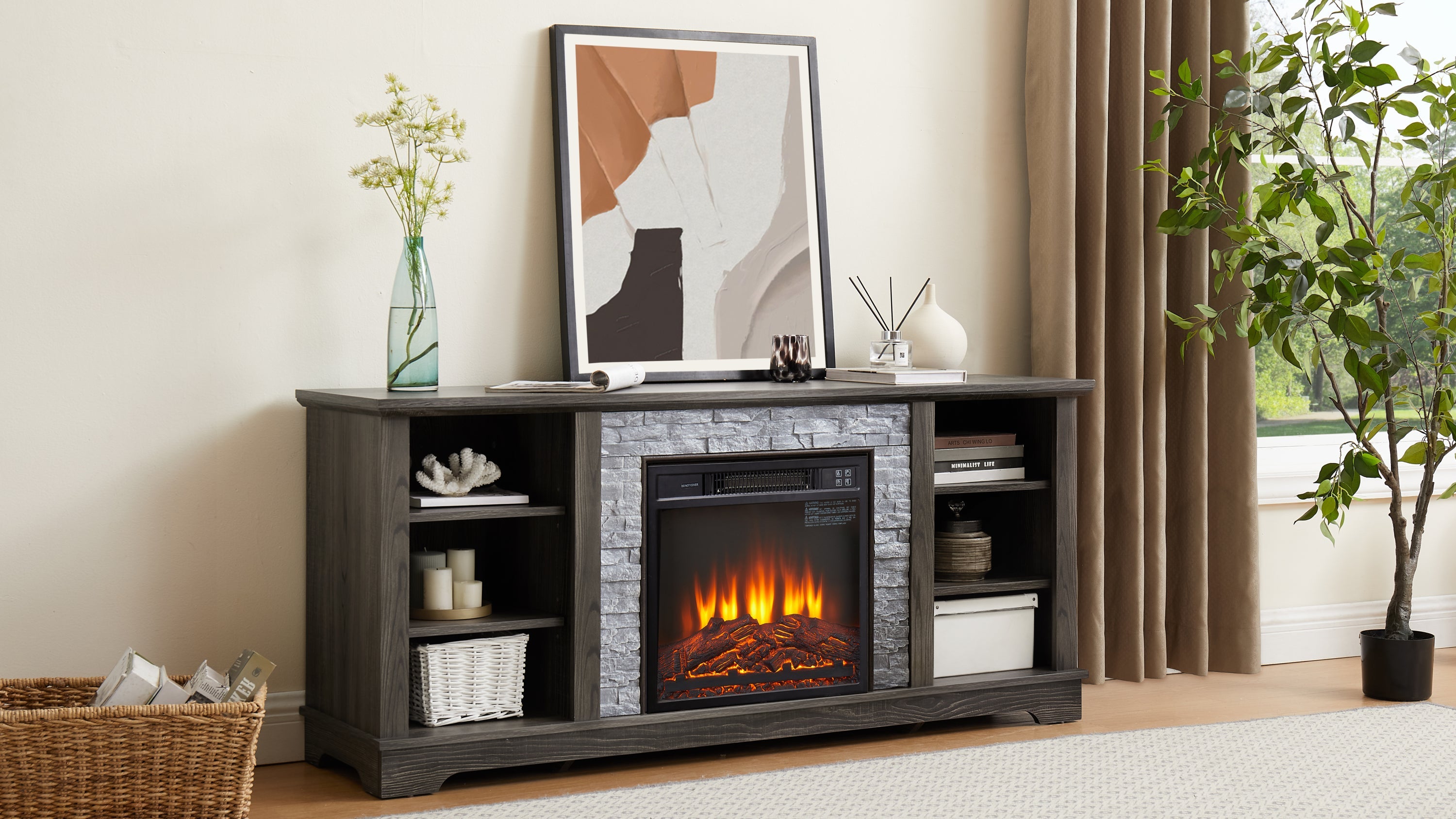Mantel Electric Fireplace Stone TV Media Stand with Faux Stacked Stone Surround, Modern Entertainment Console with Open Storage Space with 18' Fireplace Insert ,Grey, 58.31'W*15.39'D*26.06'H