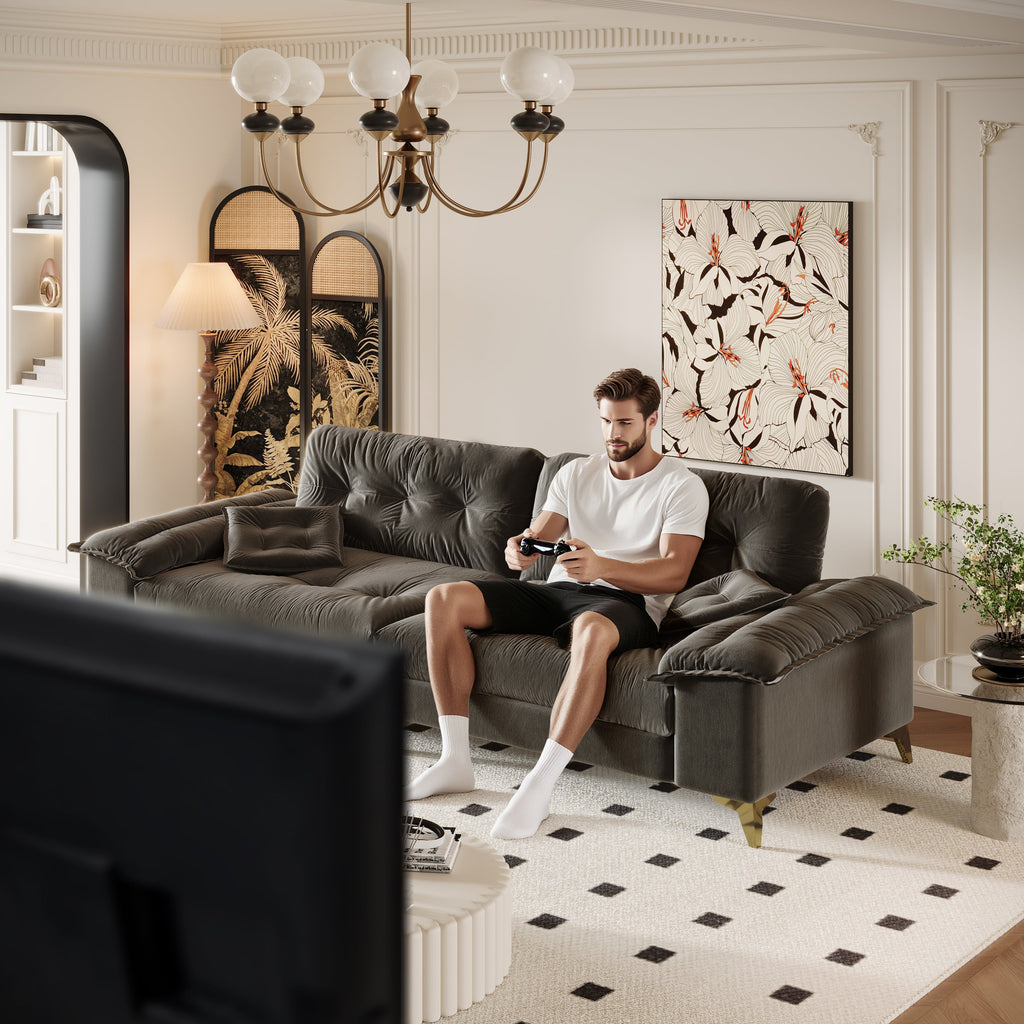 104.7 ' Modern 4-Seat Cloud Sofa with Wide Removable Armrests, Tufted Sofa with Metal Legs,Comfy Chenille Upholstered Couch with 2 Pillows for Living Room,Bedroom,Apartment, Office,Studio,Dark Gery