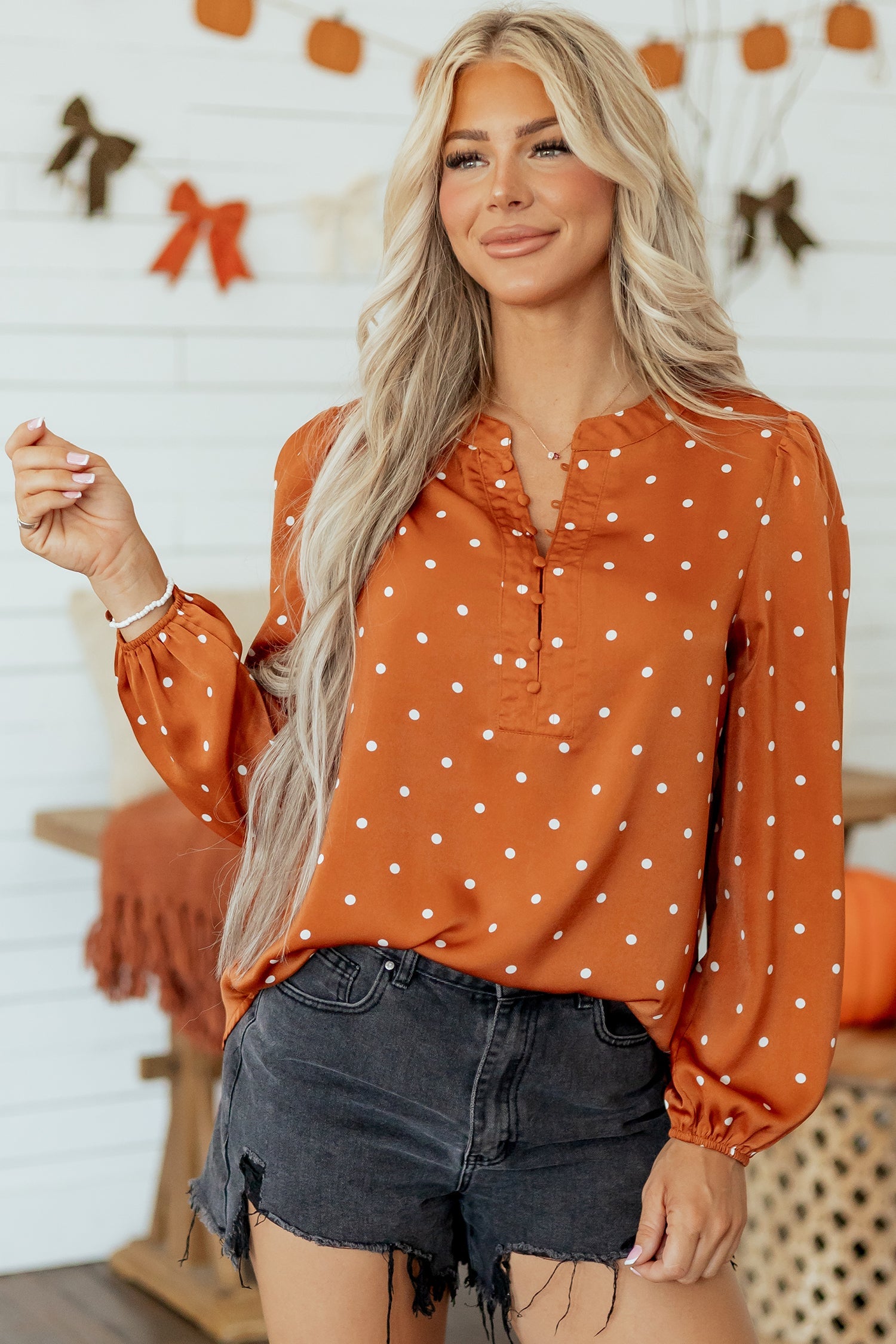 Polka Dot Half Button V-Neck Long Sleeve Blouse