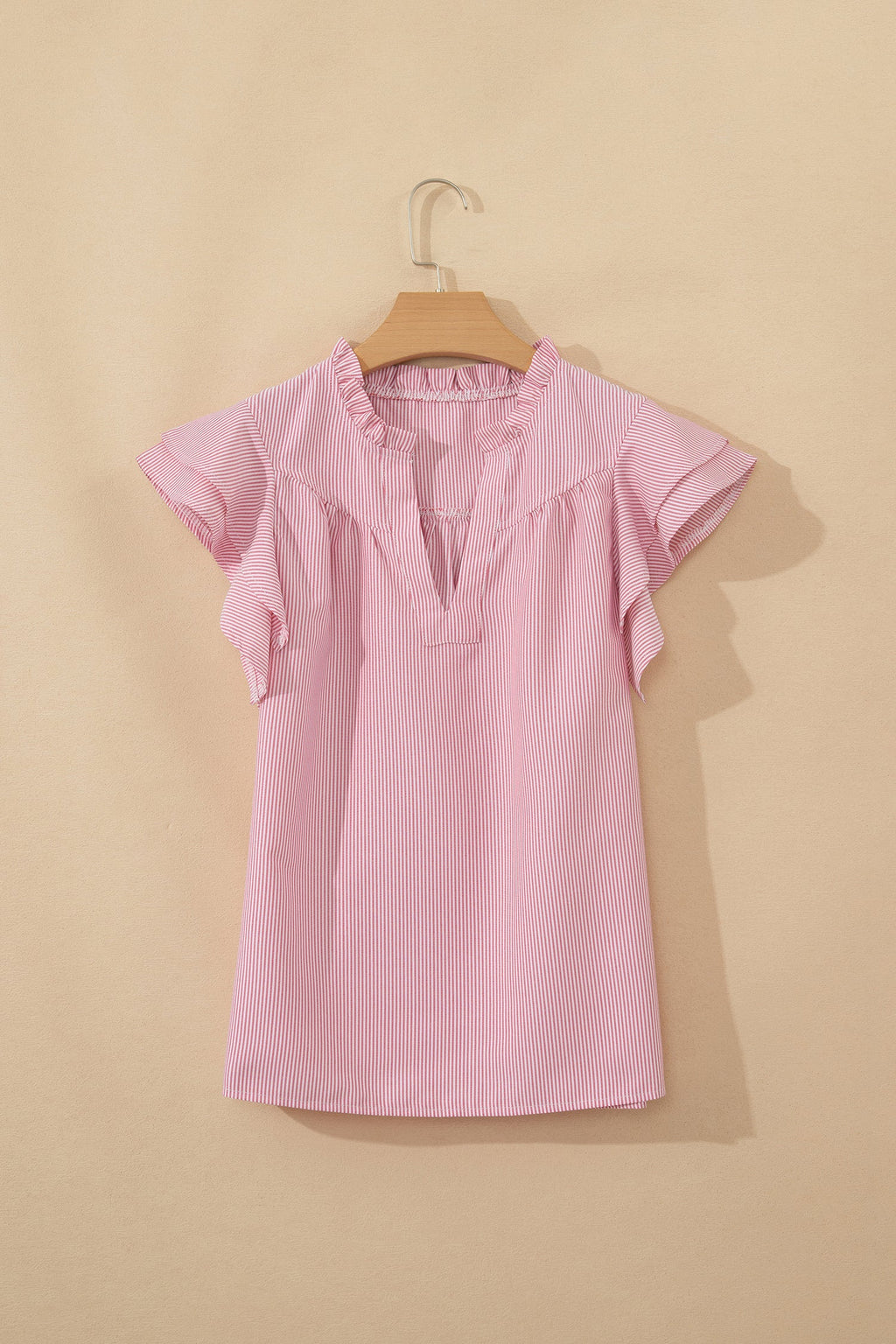 Stripe Frilled Split Neck Ruffle Sleeve Blouse