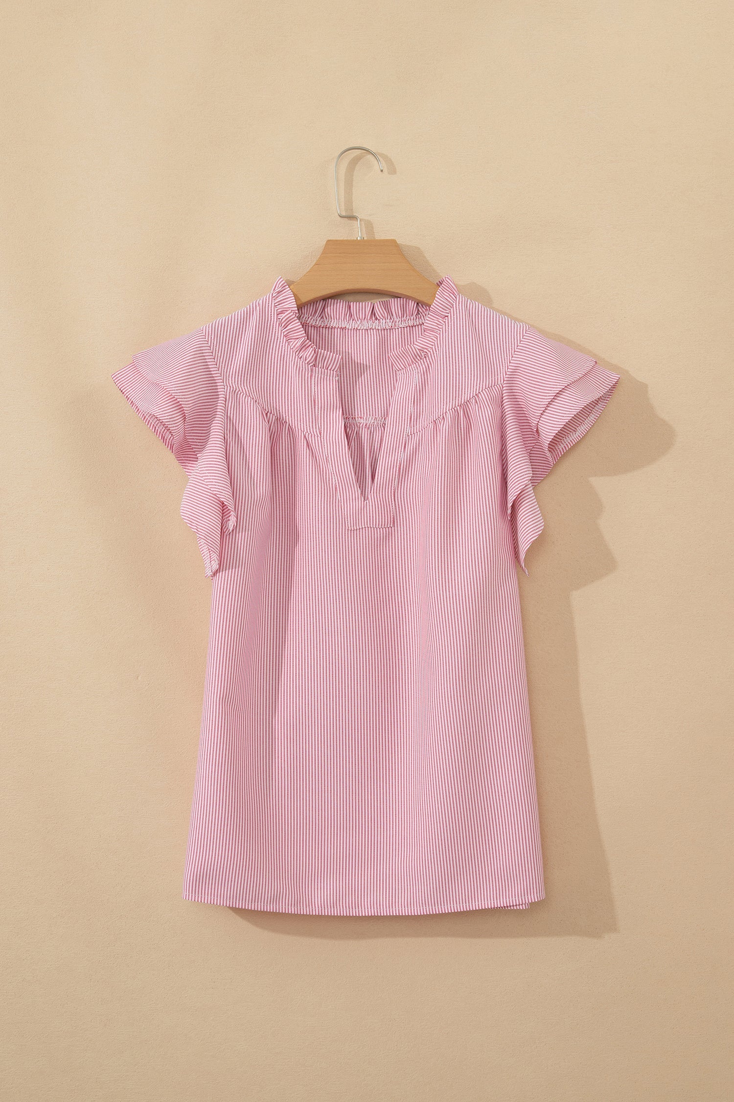 Stripe Frilled Split Neck Ruffle Sleeve Blouse