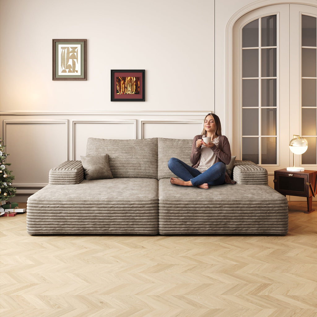 74.8' Modern Sofa bed With Dual sleeper, lounger for moviebonus room,No Assembly Required,Camel (Plush Corduroy Fabric)