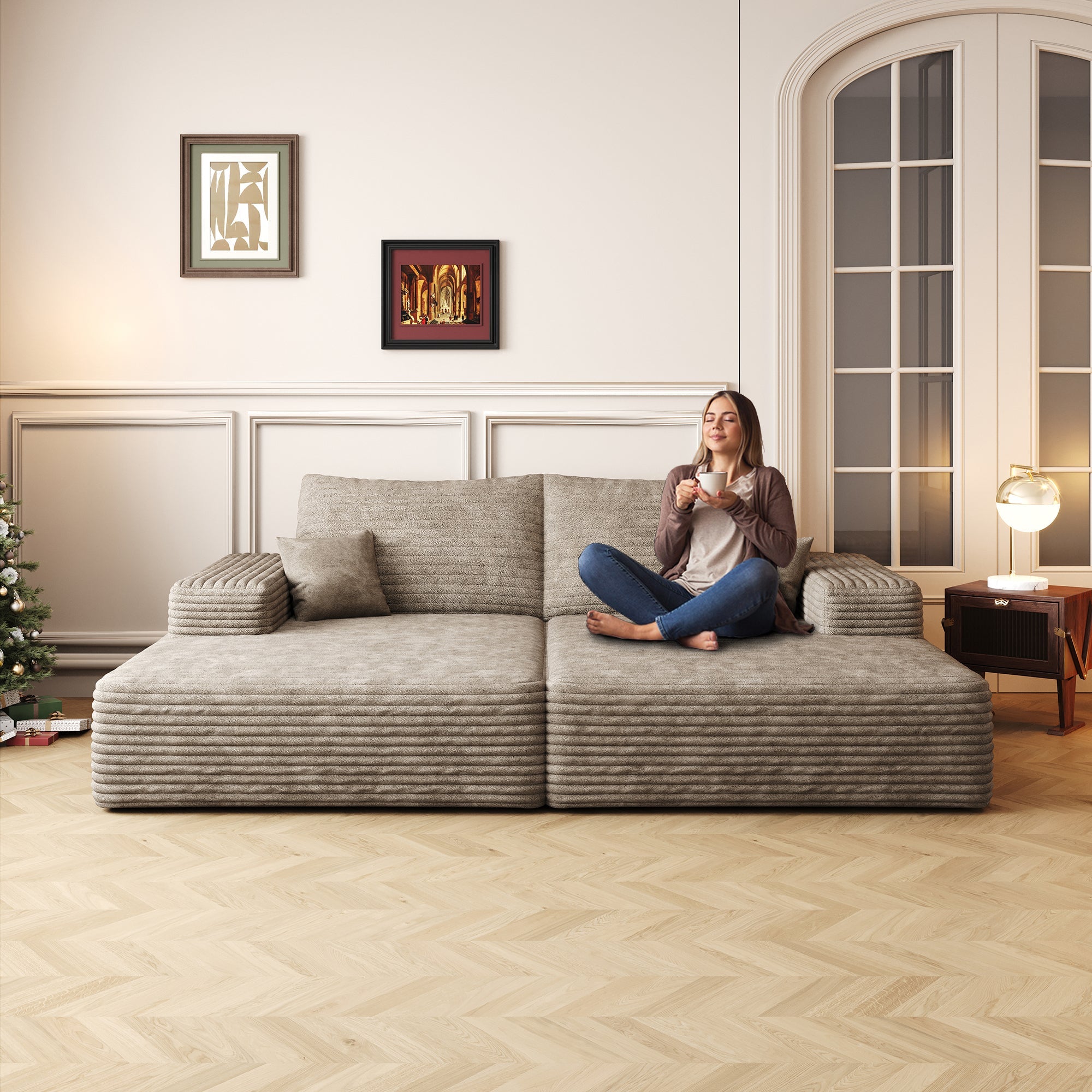 74.8' Modern Sofa bed With Dual sleeper, lounger for moviebonus room,No Assembly Required,Camel (Plush Corduroy Fabric)
