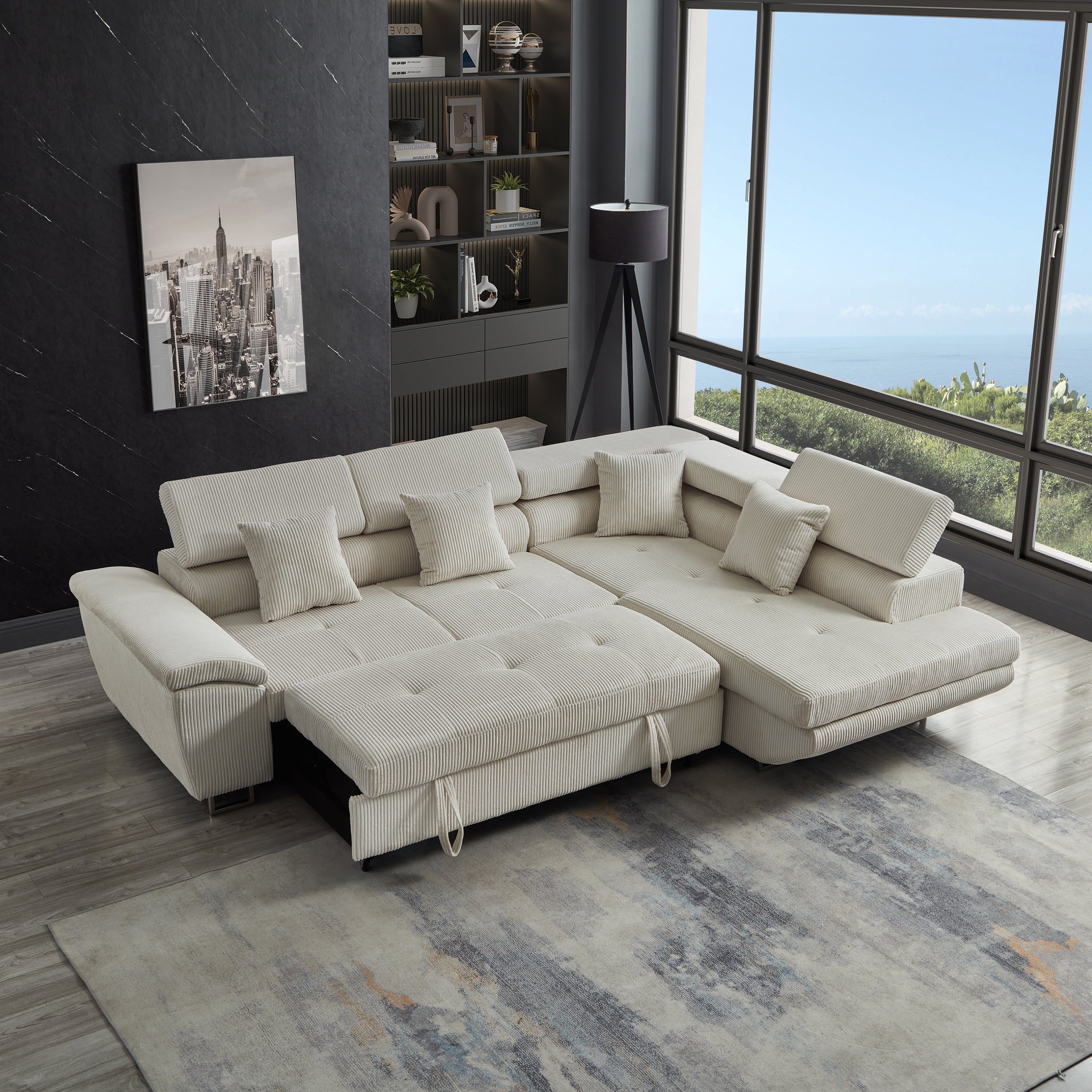 104.3'' Pull Out Sofa Bed with Storage Left Chaise Sofa Bed Corduroy Velvet Upholstery Beige