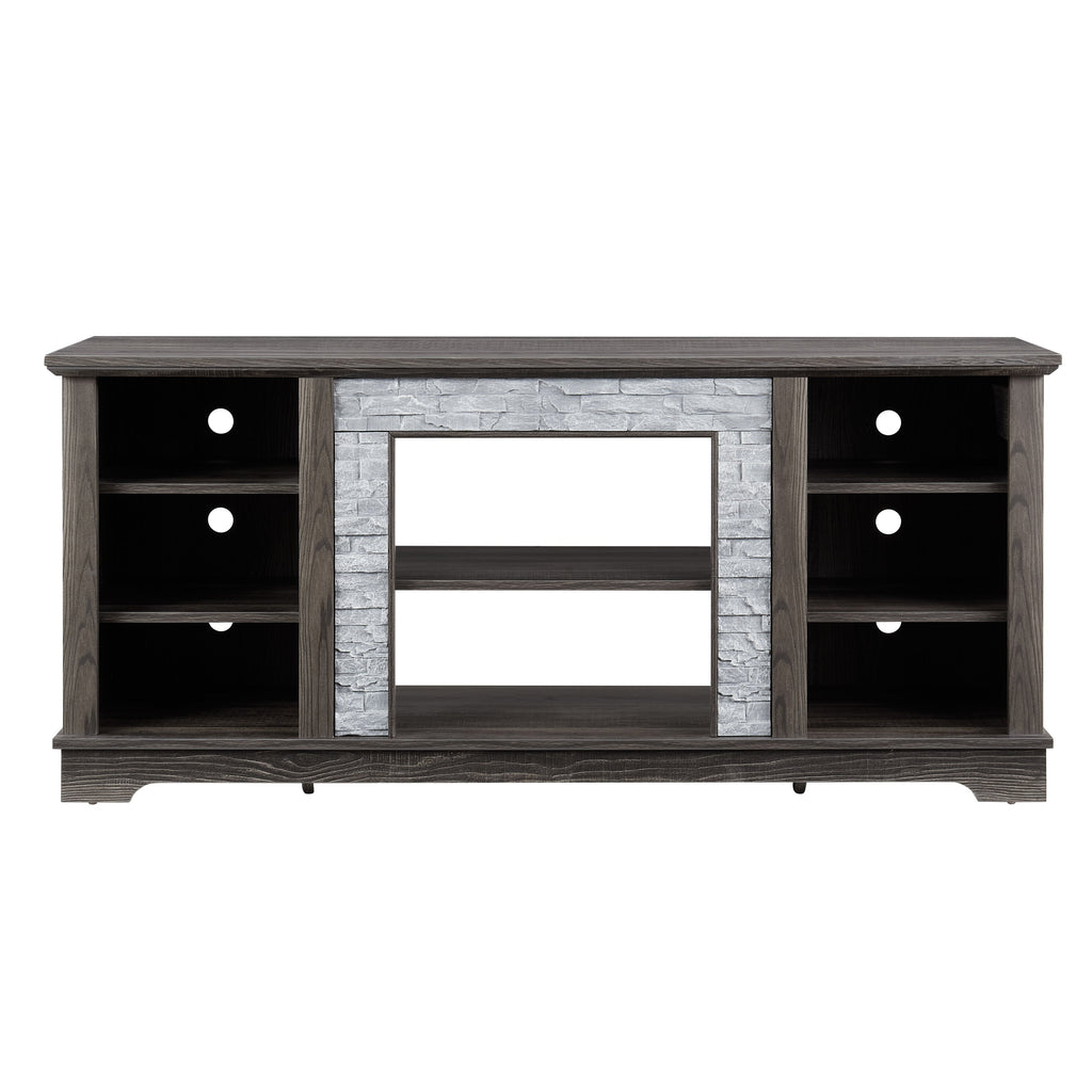 Mantel Stone TV Media Stand with with Faux Stacked Stone Surround, Modern Entertainment Console with Open Storage Space,Grey, 58.31'W*15.39'D*26.06'H