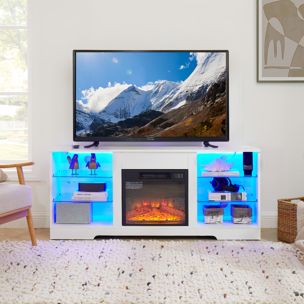 TV Stand Electric Fireplace  Glass Shelves, 3D Fireplace TV Stand with LED Lights Wood with USB Charging Outlet Modern Television Table Center for TV up to 62' White, 58''W*15.5''D*24.4