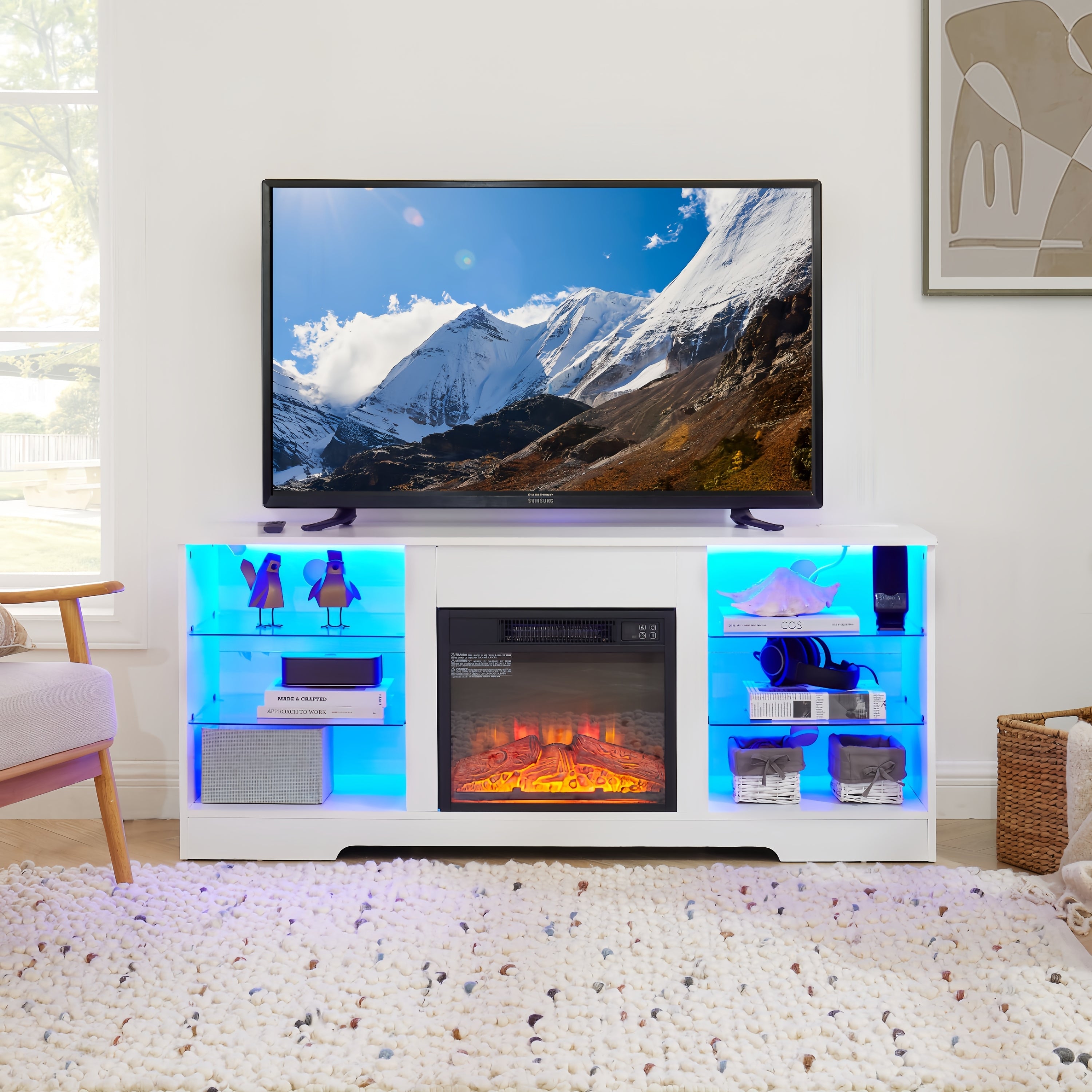 TV Stand Electric Fireplace  Glass Shelves, 3D Fireplace TV Stand with LED Lights Wood with USB Charging Outlet Modern Television Table Center for TV up to 62' White, 58''W*15.5''D*24.4