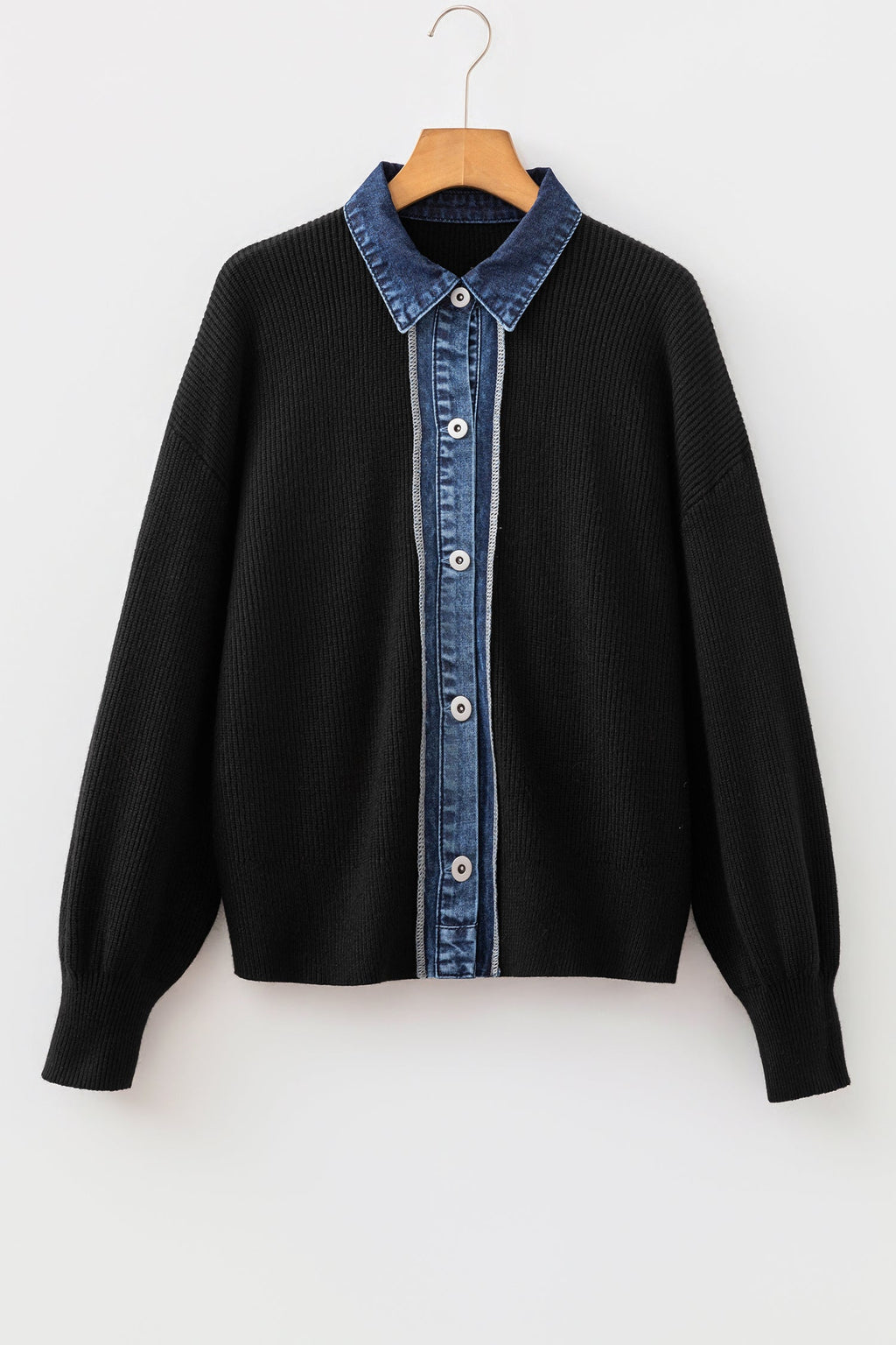 Denim Patchwork Collar Drop Shoulder Buttoned Cardigan