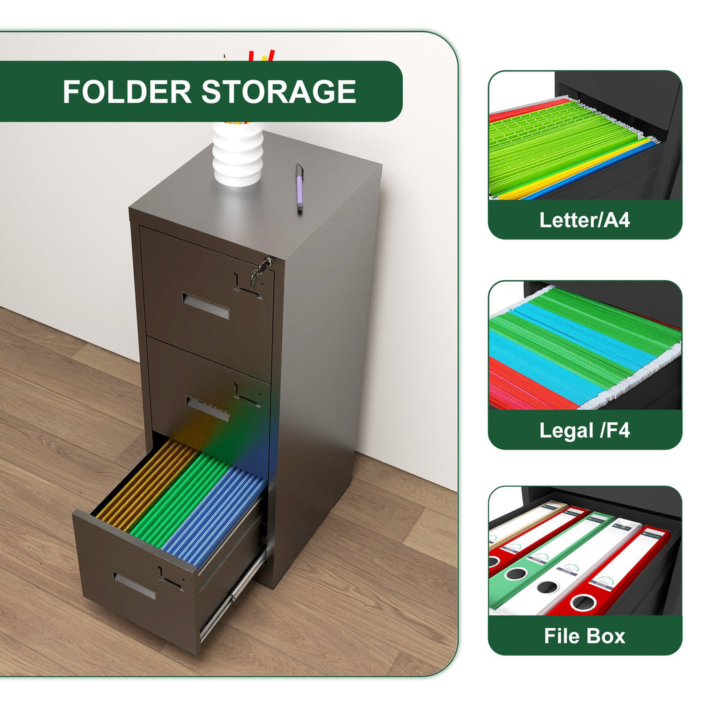 Metal Vertical File Cabinet with Lock and Card Slot for A4 Legal/Letter Size, Black, Durable Steel, 40.4H x 17.7W x 15.2L inches