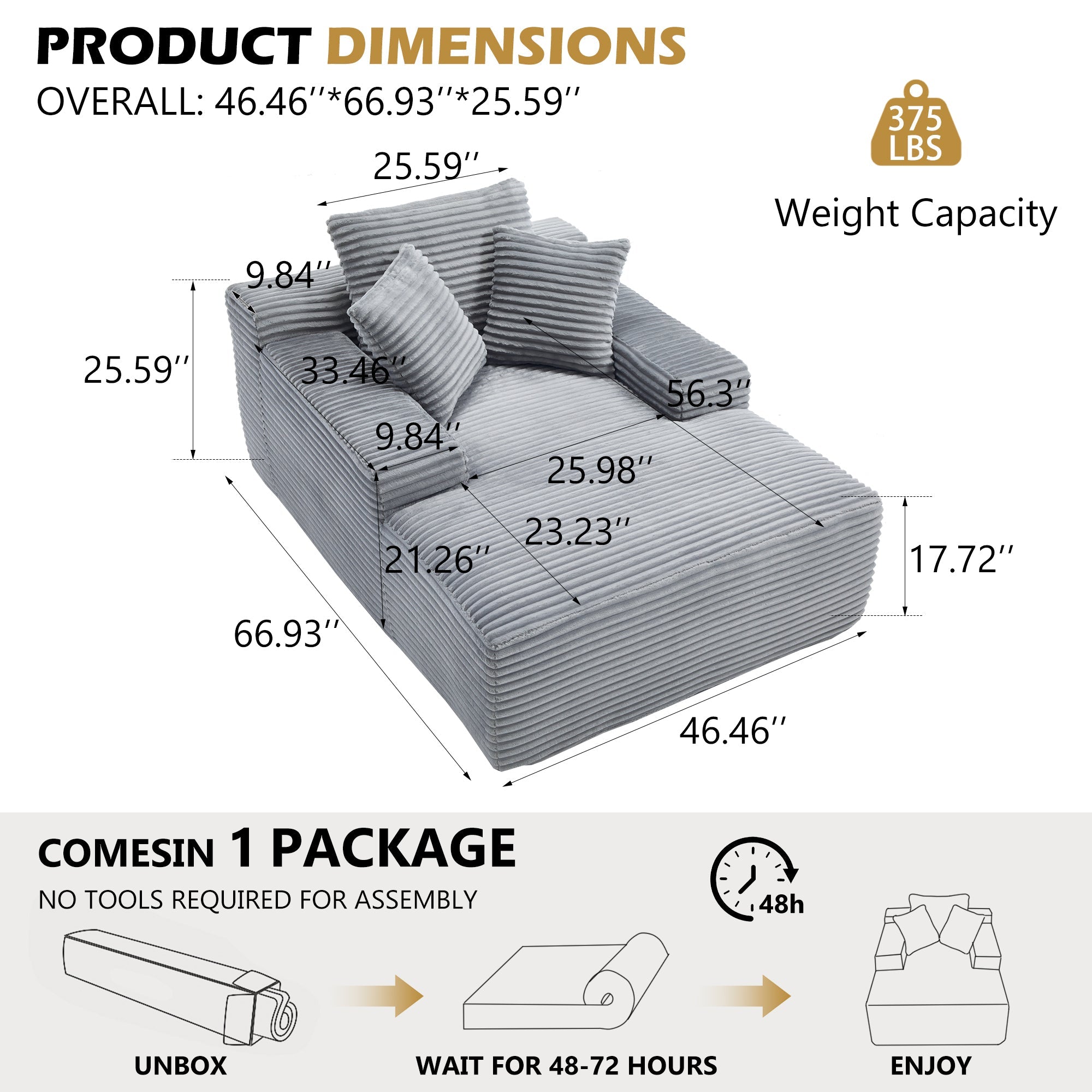 67' Chaise Lounge Chair 9.9'' Wide Armrest Indoor Corduroy Oversized Sleeper Sofa for Living Room Deep Seat Lounge and Three Soft Pillows Convertible Boneless Sofa Bed, Grey, No Assembly Required