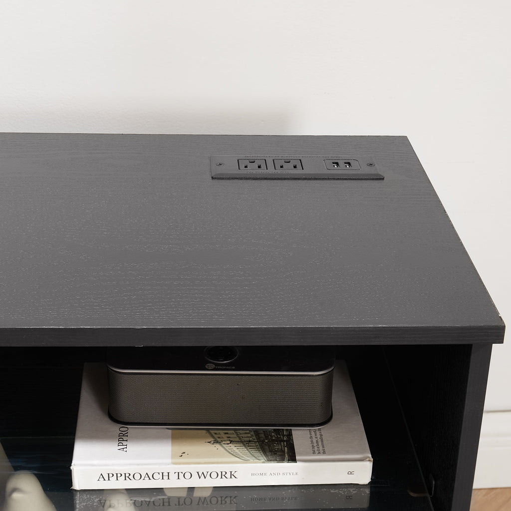 TV Stand Electric Fireplace TV Stand with Glass Shelves, 3D Fireplace TV Stand with LED Lights Wood with USB Charging Outlet Modern Television Table Center for TV up to 32-62' Black 58''W*15.4''D*24.4