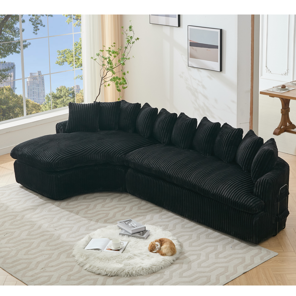 [NEW ARRIVED] [VIDEO PROVIDED]   127''  Large Sectional Sofa ,Elegant Curved Design ,High-Resilience Foam ,Ten Back Cushions,L-Shape Left Sofa,No Assembly  Required , (Black
-Soft Corduroy Fabric)