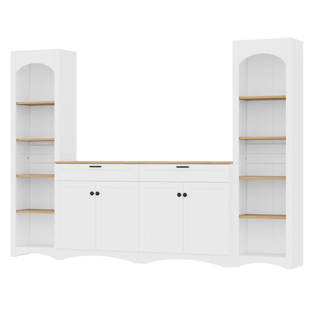 ON-TREND 3-Piece Farmhouse Entertainment Center with Storage Cabinet for TVs Up to 70', Mid-Century TV Stand with Bookshelf, Rustic Versatile Sideboard with Adjustable Shelves for Living Room, White