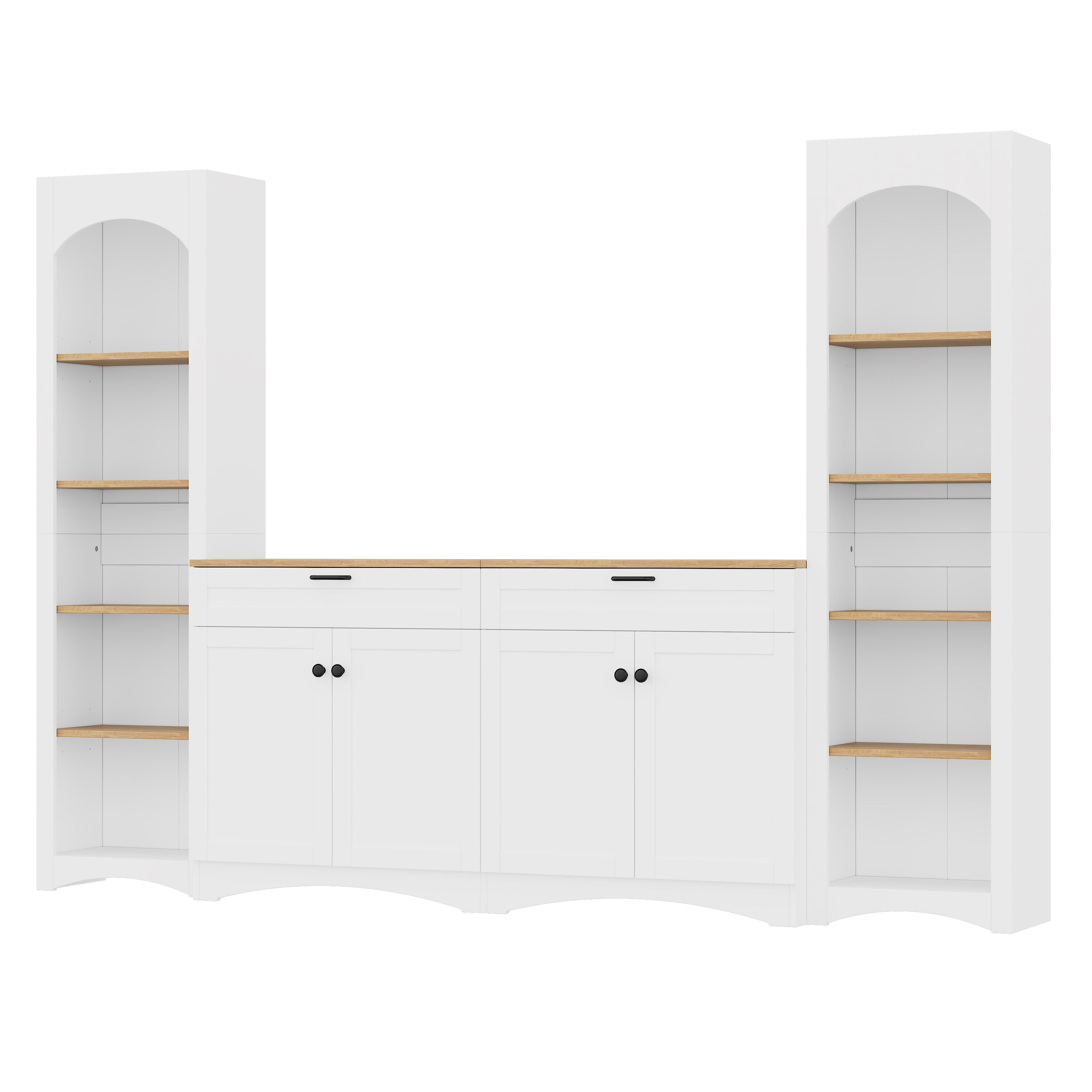 ON-TREND 3-Piece Farmhouse Entertainment Center with Storage Cabinet for TVs Up to 70', Mid-Century TV Stand with Bookshelf, Rustic Versatile Sideboard with Adjustable Shelves for Living Room, White