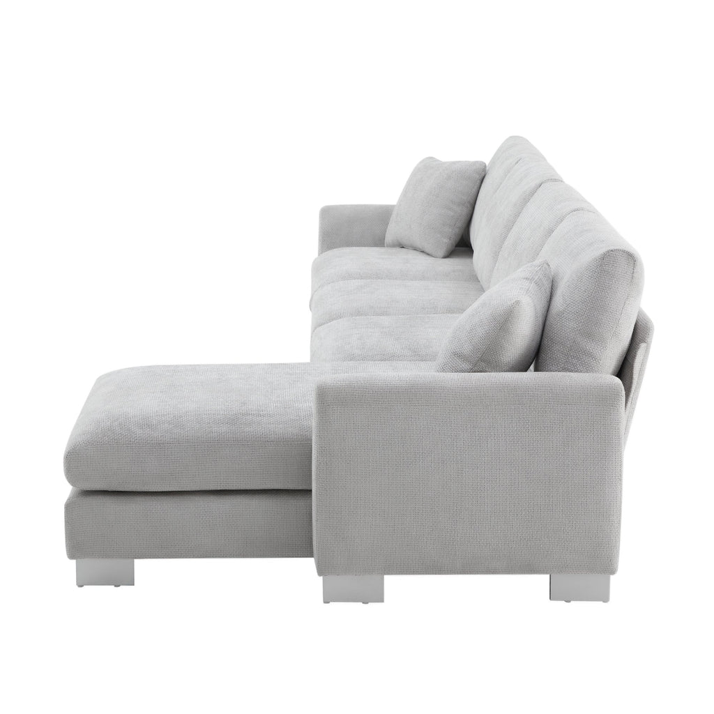 Modern Oversized L-shaped Sectional Sofa with Chaise and Free Pillows, Chenille Fabric, 119*55 Inches, Light Gray