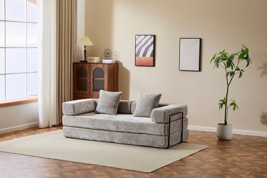 Floor Couch,Compression Sofa,Convertible Floor Sofa Bed-with Pillow Back Support Armrest,Comfy Futon Couch Lounge Sleeper Bed,Chenille fabric,for Living Room Bedroom (LIGHT-GREY)