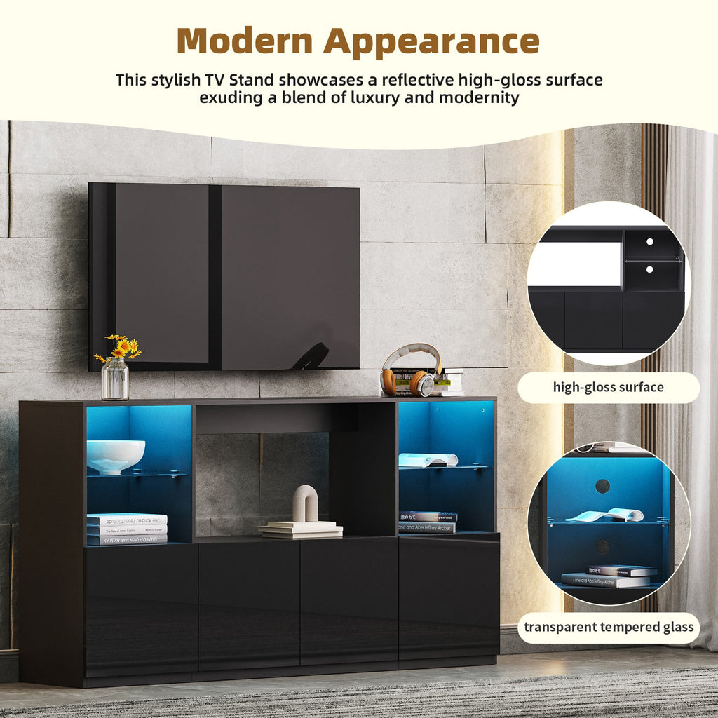 ON-TREND High Gloss TV Stand with LED Lights, Modern Sideboard with Large Storage Cabinet, Media Console with Tempered Glass Shelves for TVs up to 75', Living Room, Black, 67'Wx13.7'D