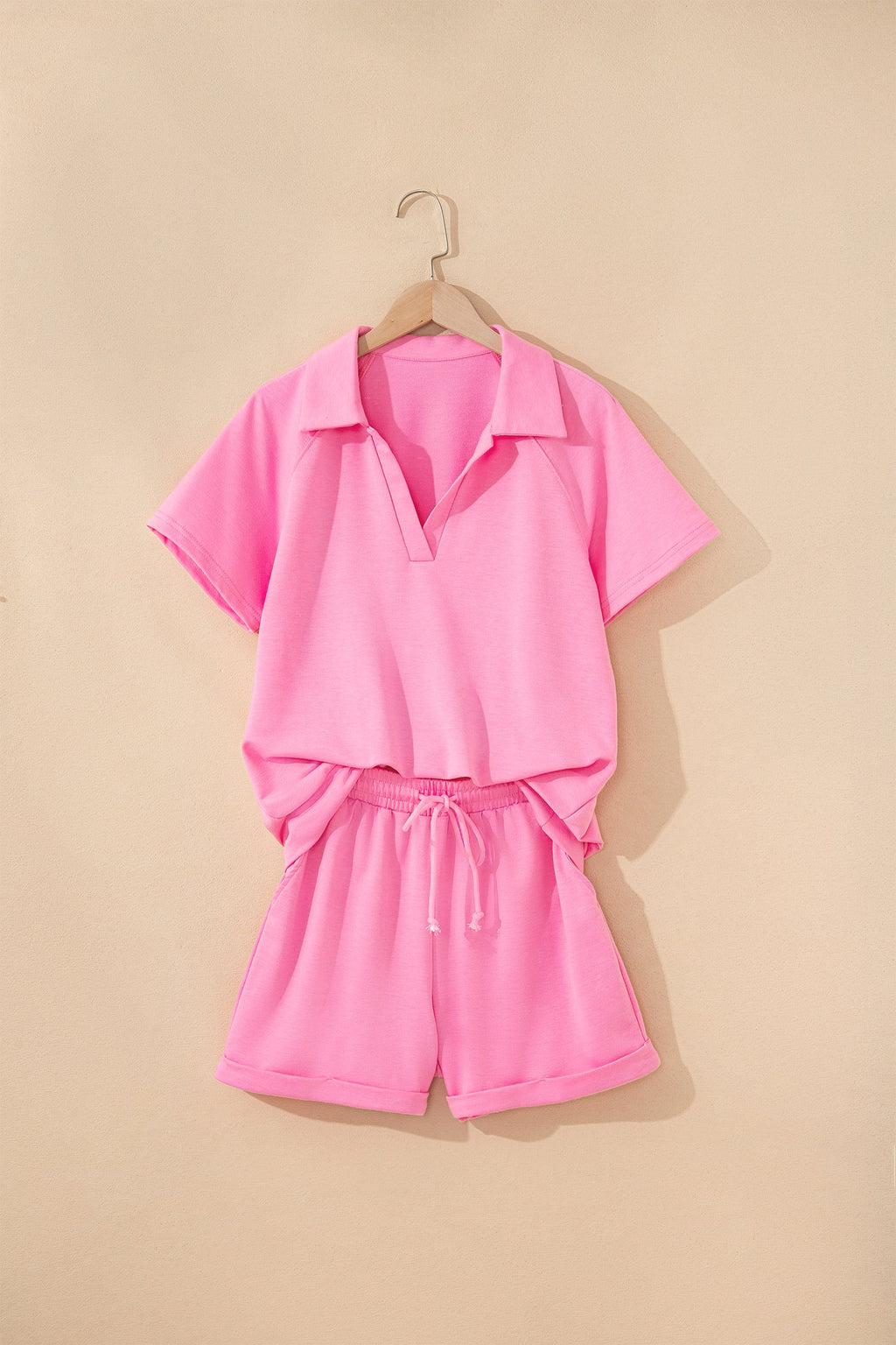 Solid Collared V-Neck Tee & Drawstring Shorts Set