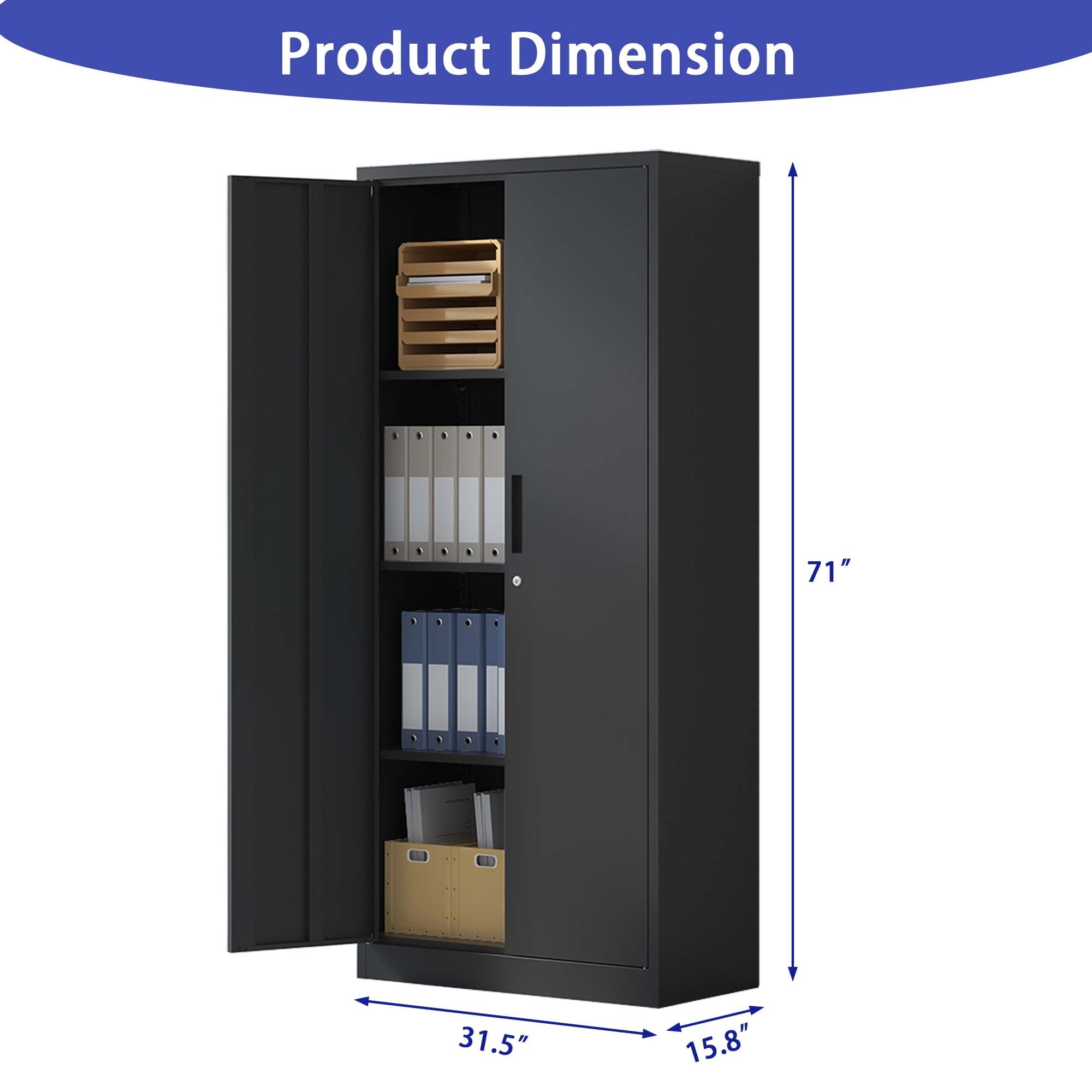 Heavy Metal Garage Storage Cabinet, Black Tool Steel Locking Cabinet with Doors and 3 Adjustable Shelves, 71 Inch Tall
