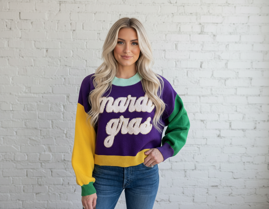 Mardi Gras Colorblock Fuzzy Patchwork Sweater