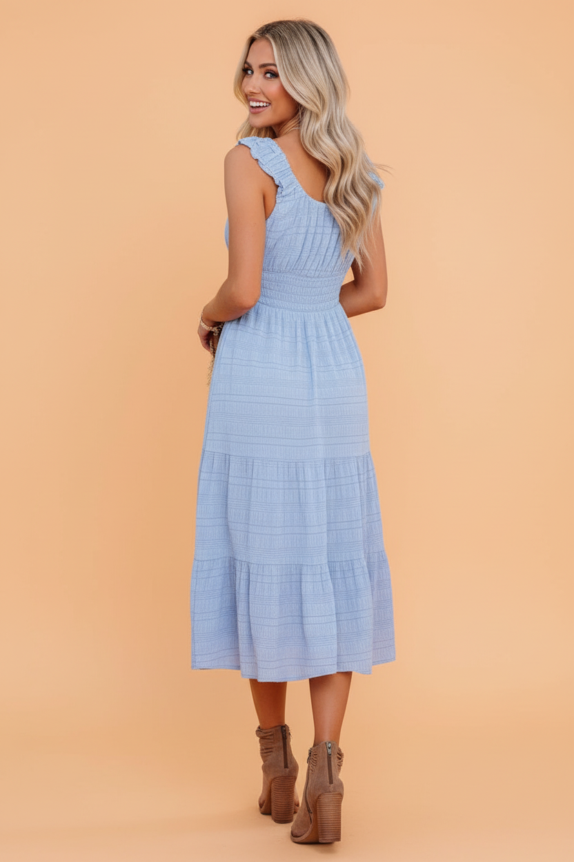 Shirred Pleated Square Neck Sleeveless Midi Dress
