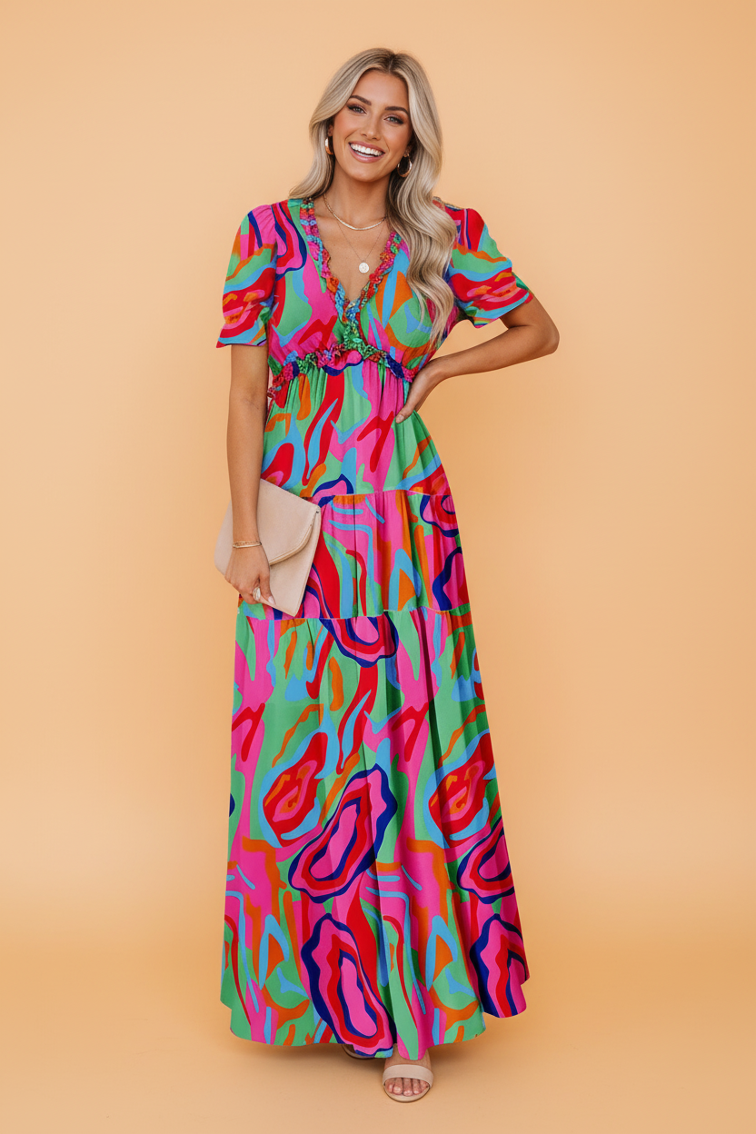 Floral Frilled V-Neck Short Sleeve Maxi Dress