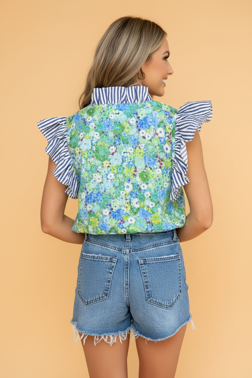 Floral Stripe Patchwork Flutter Sleeve V-Neck Blouse