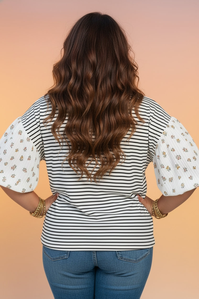 Plus Size Stripe Floral Patchwork Puff Sleeve Top