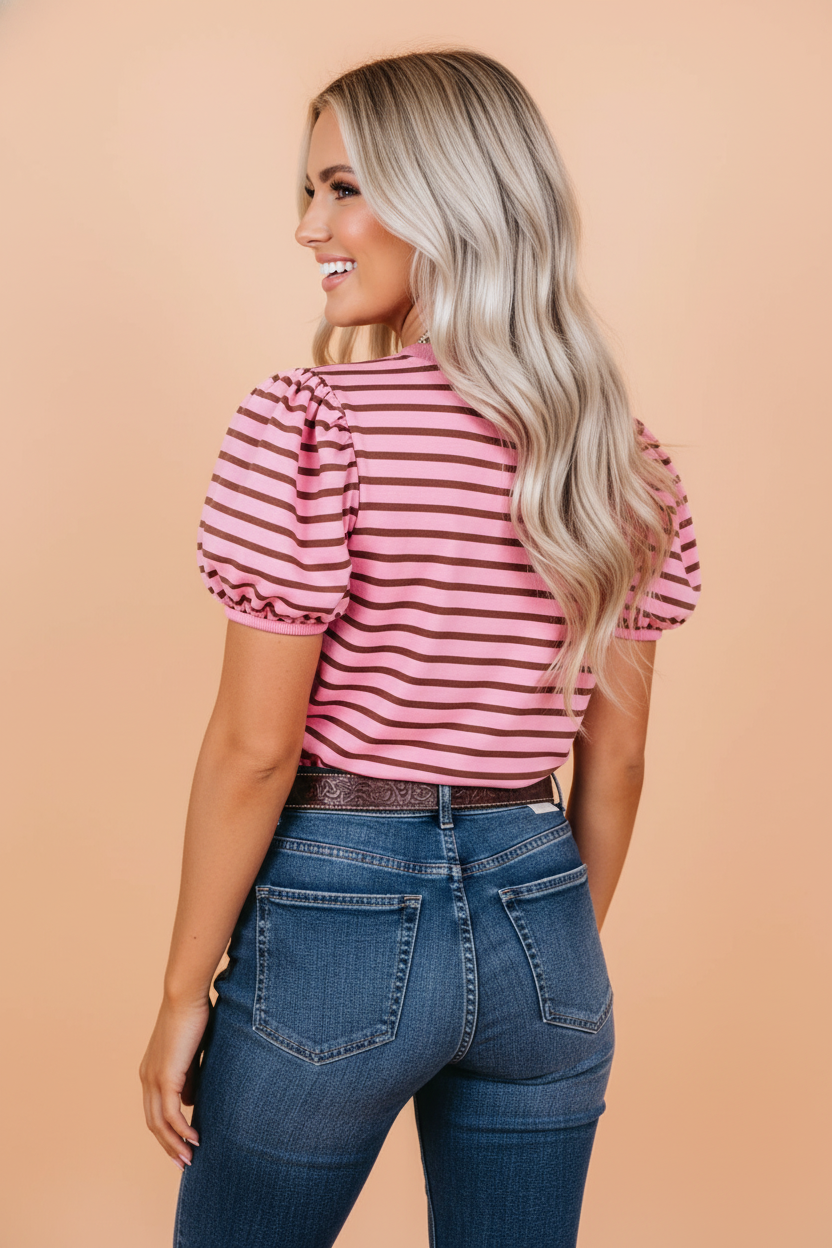 Stripe Ribbed Trim V-Neck Puff Sleeve Top