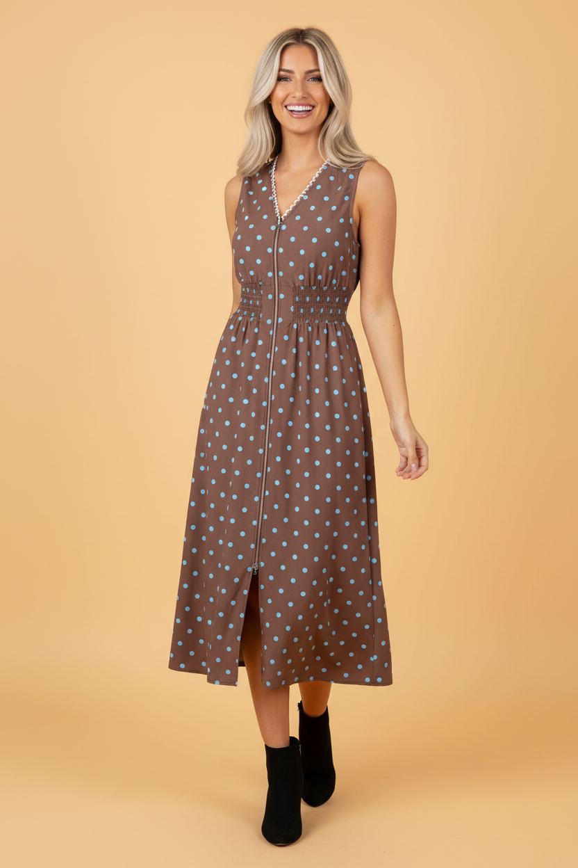 Polka Dot Zip Up V-Neck Sleeveless Dress
