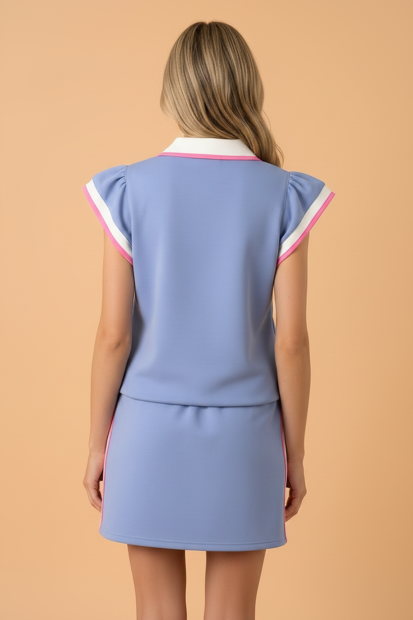 Stripe Trim Polo Tee & Drawstring Skirt Set