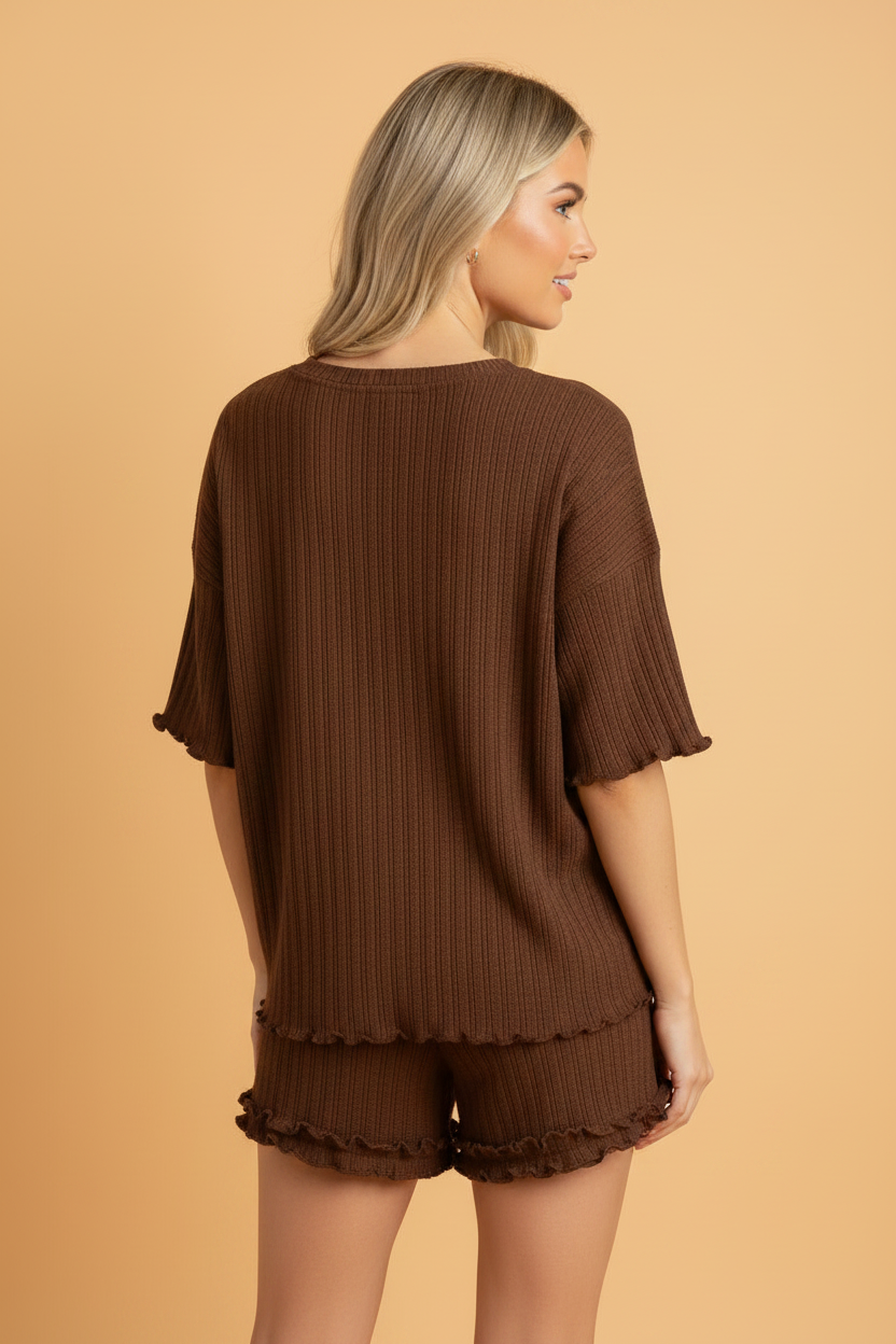 Solid Ribbed Lettuce Trim Top & Shorts Set