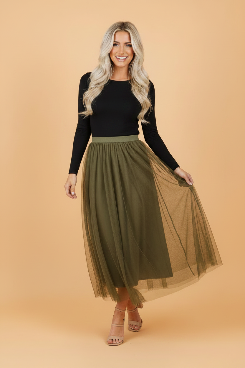 Solid Tulle Mesh Overlay Flared Midi Skirt