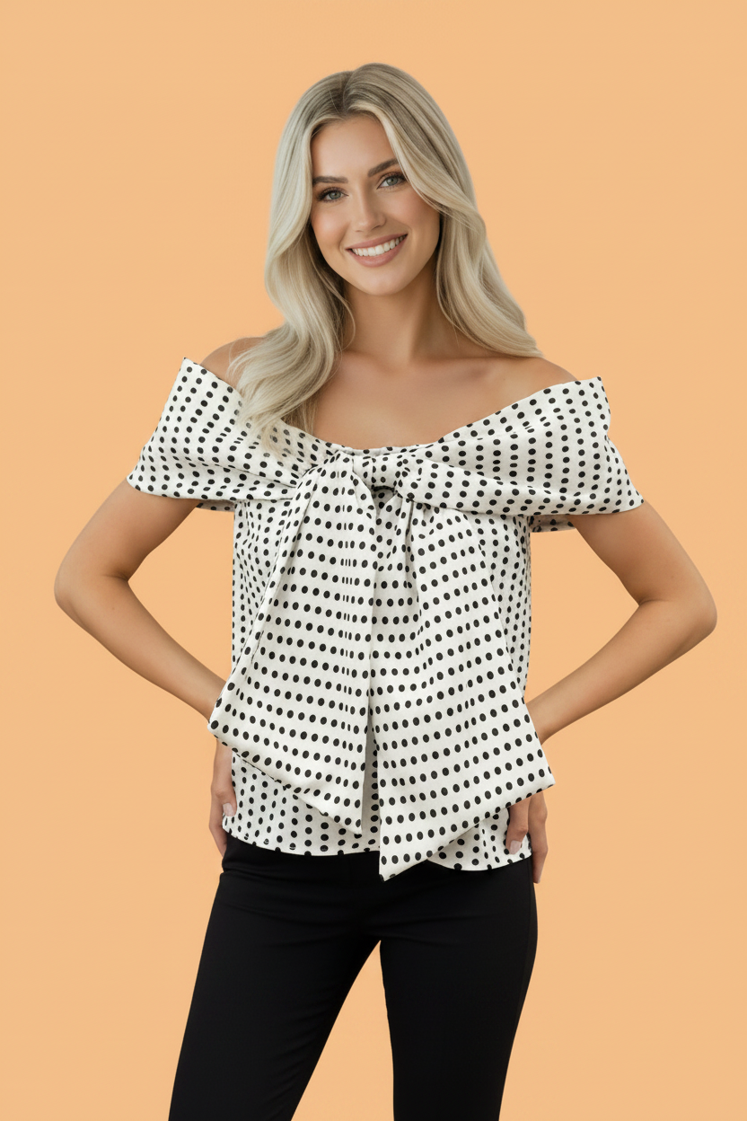 Polka Dot Off Shoulder Bow Knot Sleeve Blouse