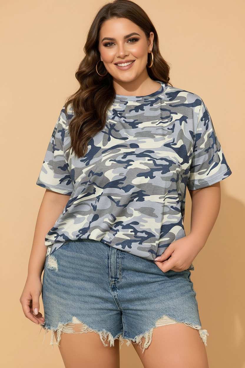 Plus Size Camo Crew Neck Short Sleeve Tee