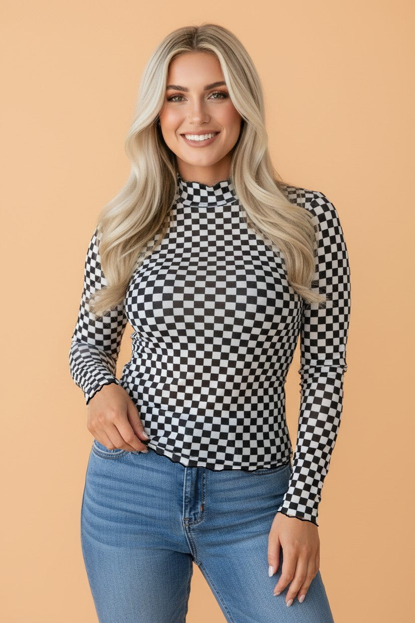 Checker Stand Neck Long Sleeve Mesh Top