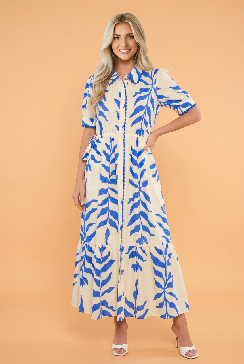 Botanical Leaf Side Tie Button Down Maxi Dress