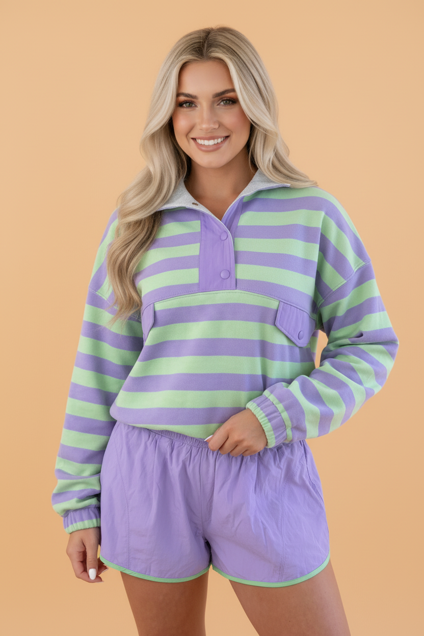 Stripe Half Button Long Sleeve Top and Shorts Set