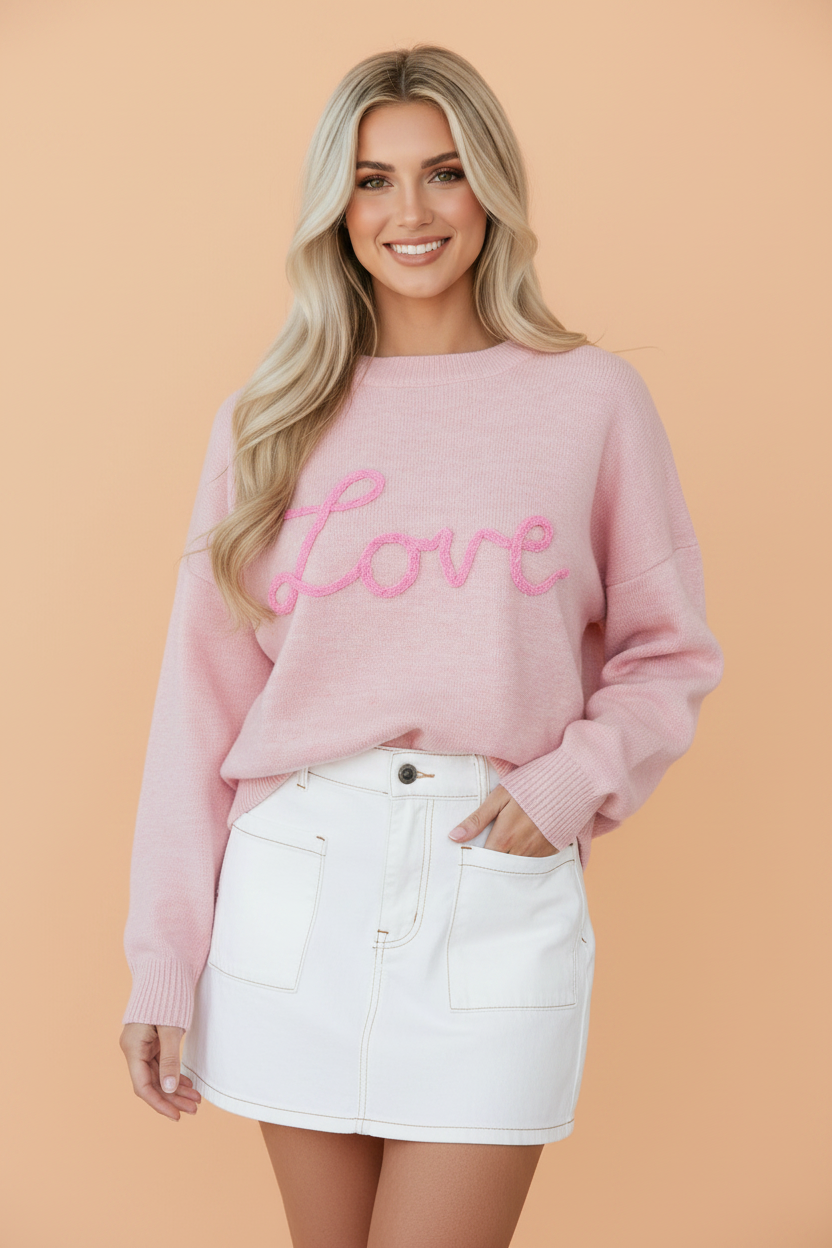 Corded Knit Love Script Graphic Baggy Sweater