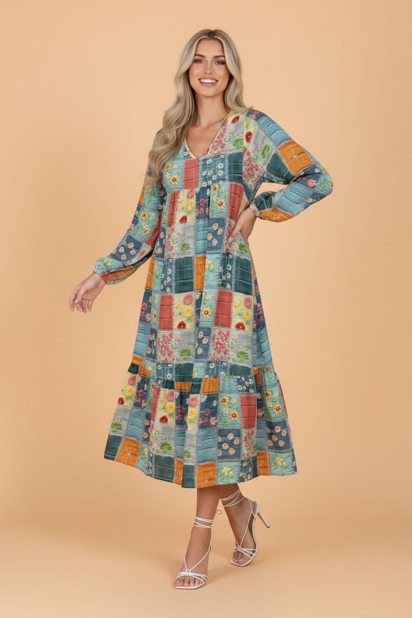 Floral Geometric Bubble Sleeve Ruffle Hem Dress