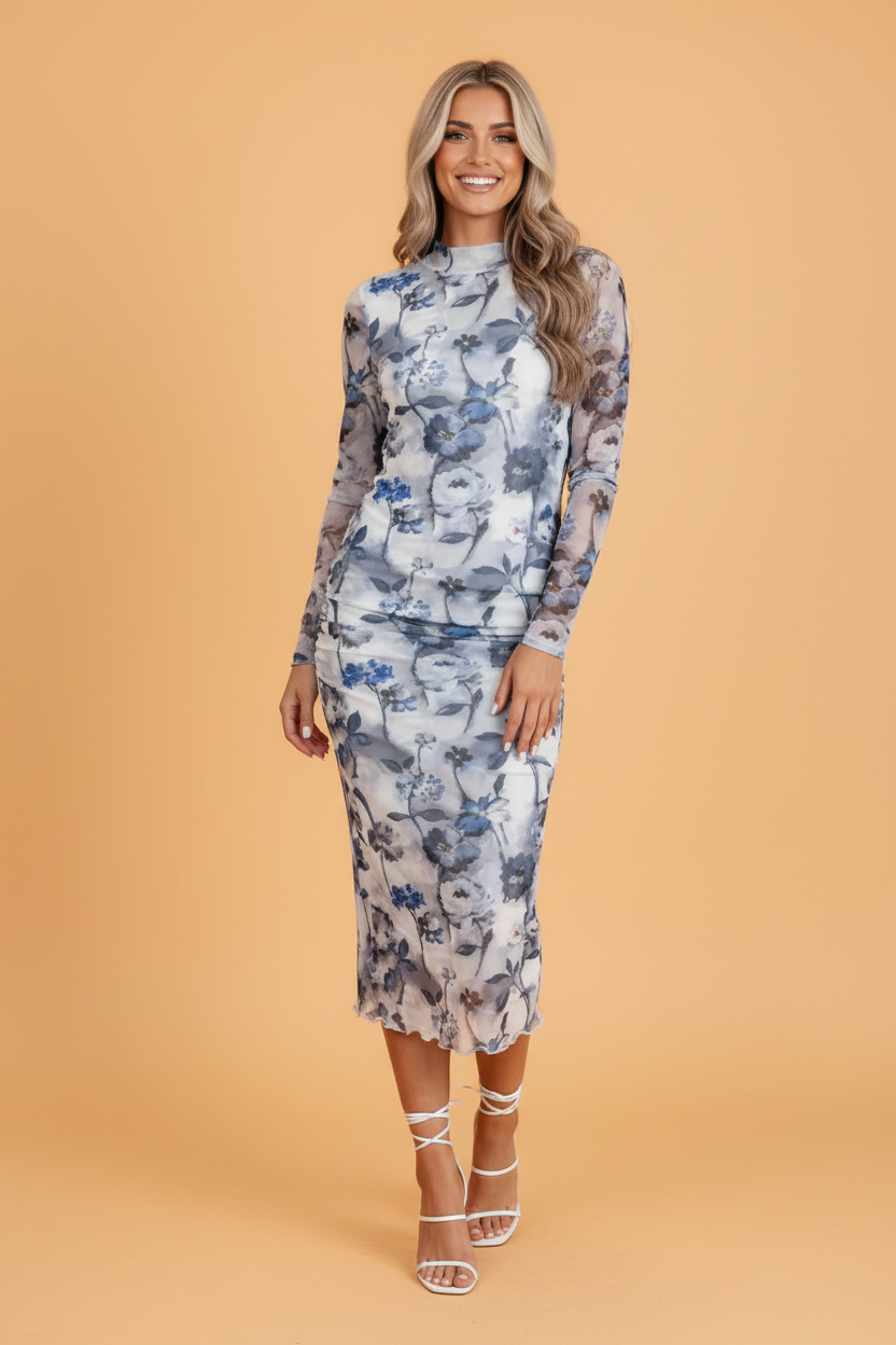 Floral Mesh Long Sleeve Midi Dress