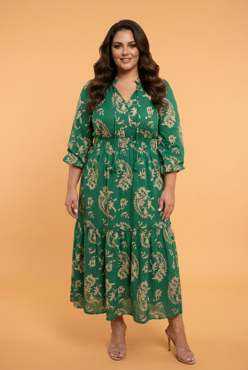 Plus Size Floral V-Neck Puff Sleeve Midi Dress