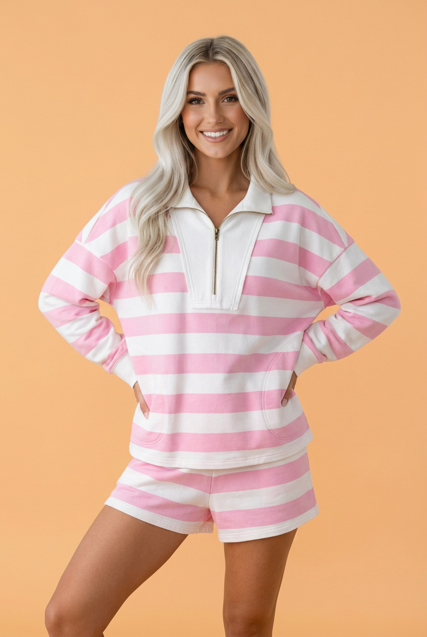 Stripe Patchwork Quarter Zip Pullover & Shorts Set