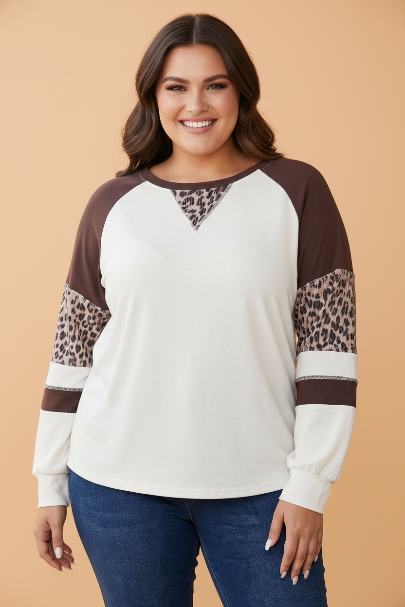 Plus Size Leopard Colorblock Raglan Long Sleeve Blouse