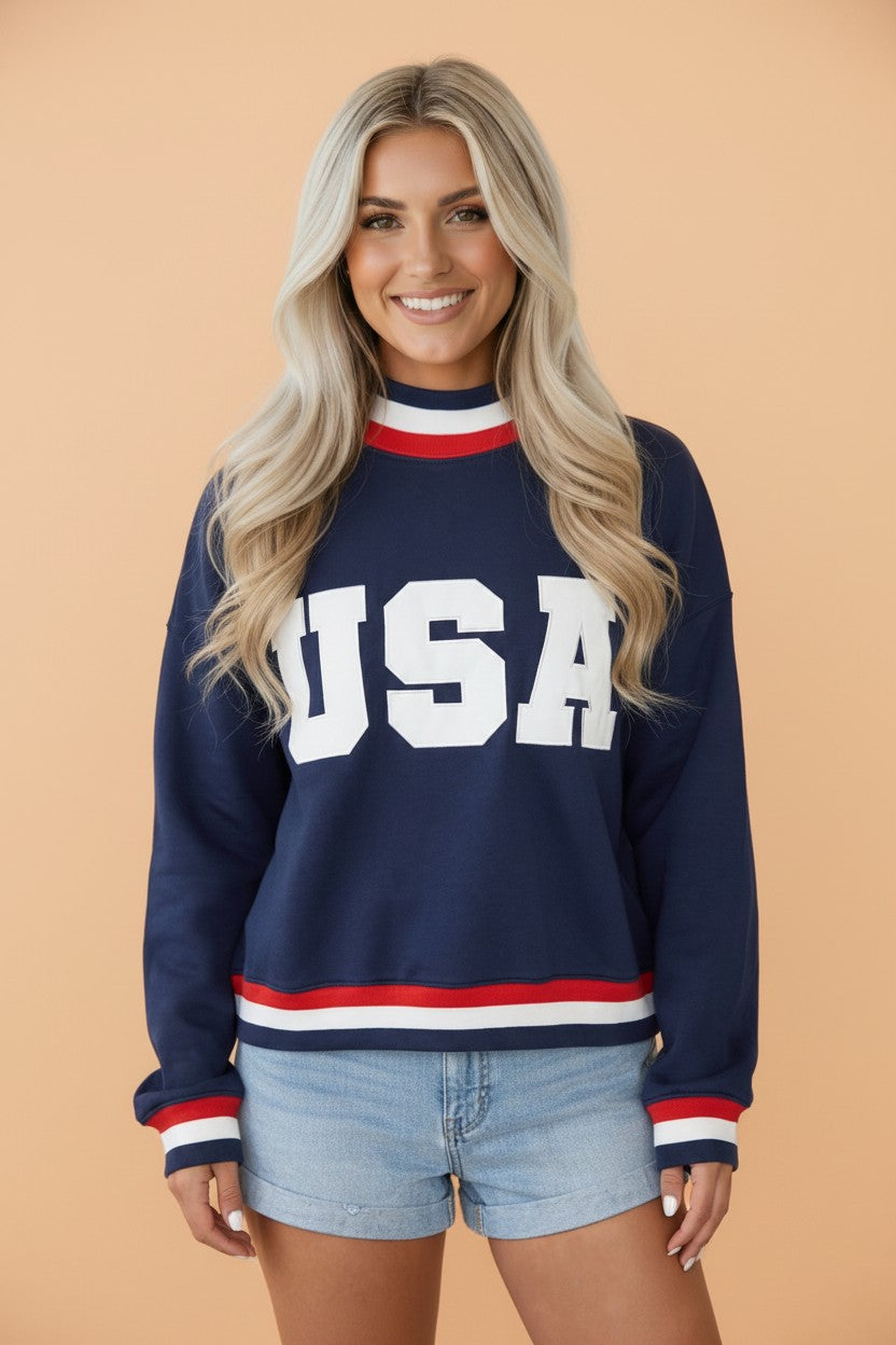 USA Slogan Patch Embroidery Colorblock High Neck Sweatshirt