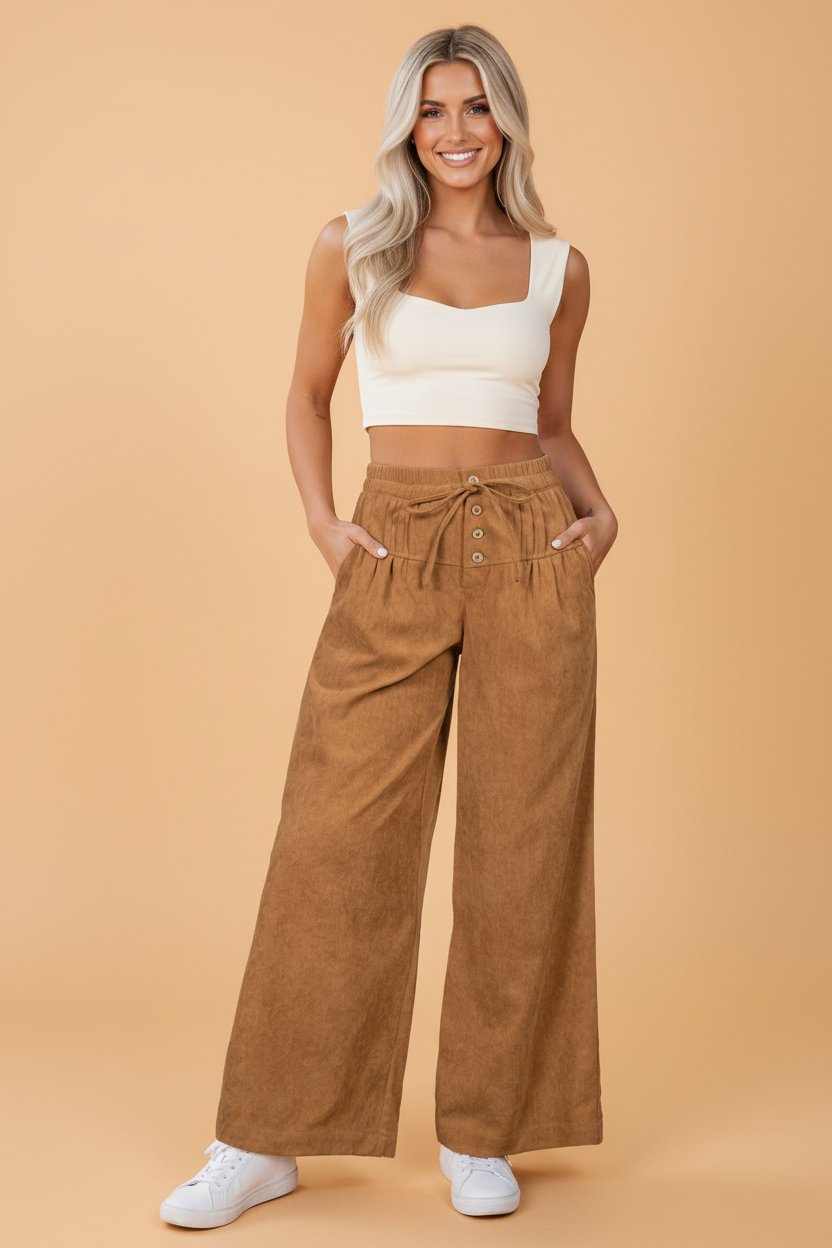 Solid Corduroy Buttoned Elastic Waist Wide Leg Pants