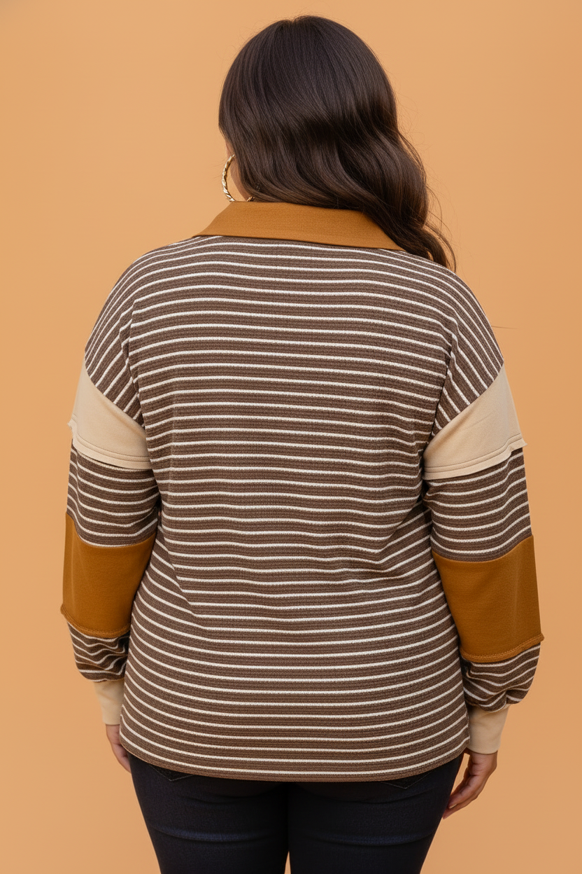Plus Size Stripe Colorblock V-Neck Long Sleeve Top