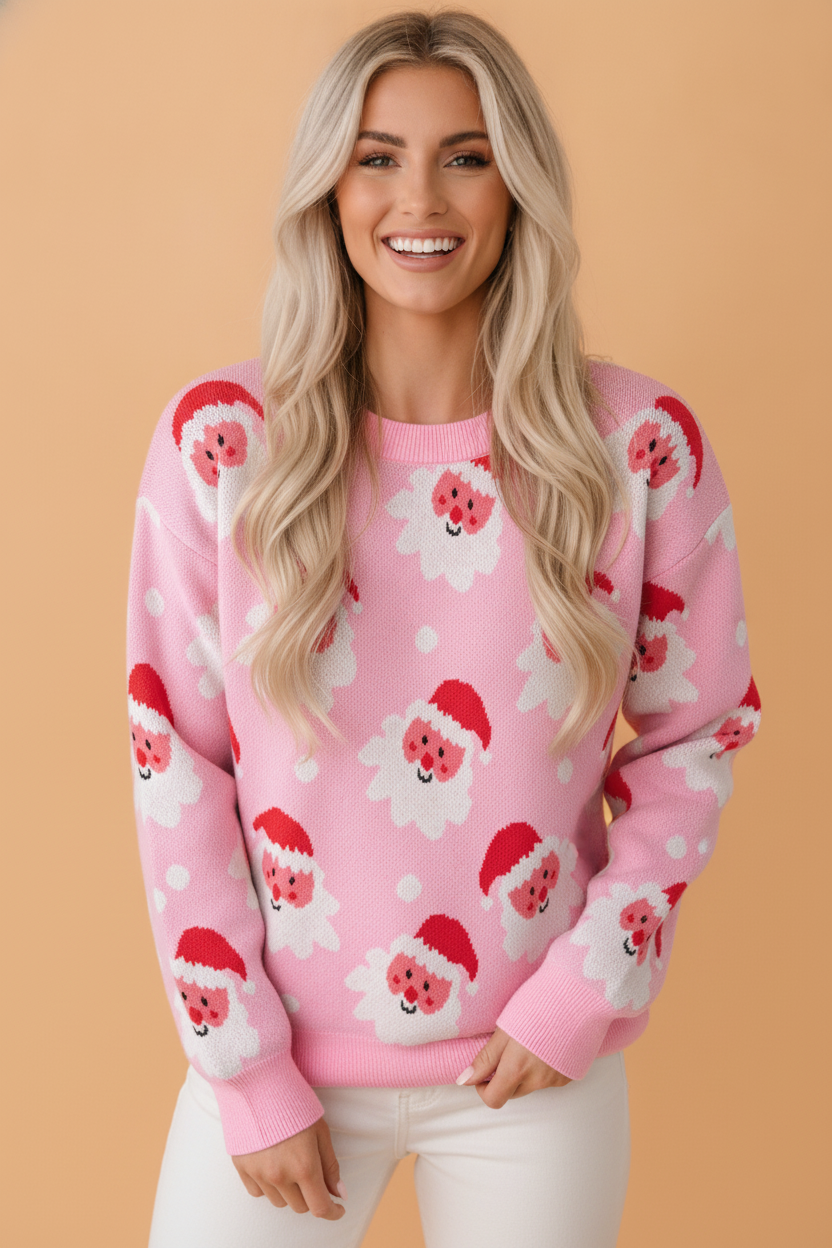 Santa Ribbed Trim Long Sleeve Christmas Sweater