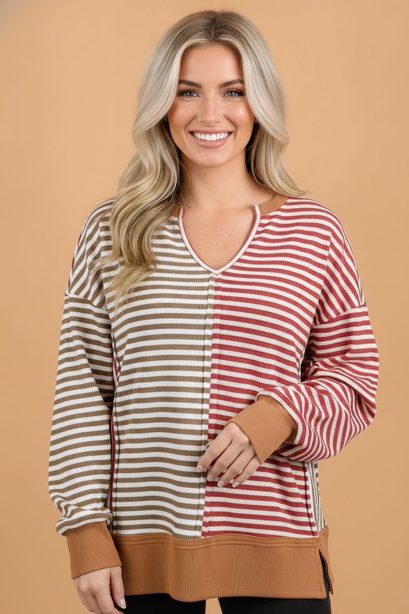 Stripe Colorblock V-Neck Reverse Seam Long Sleeve Top