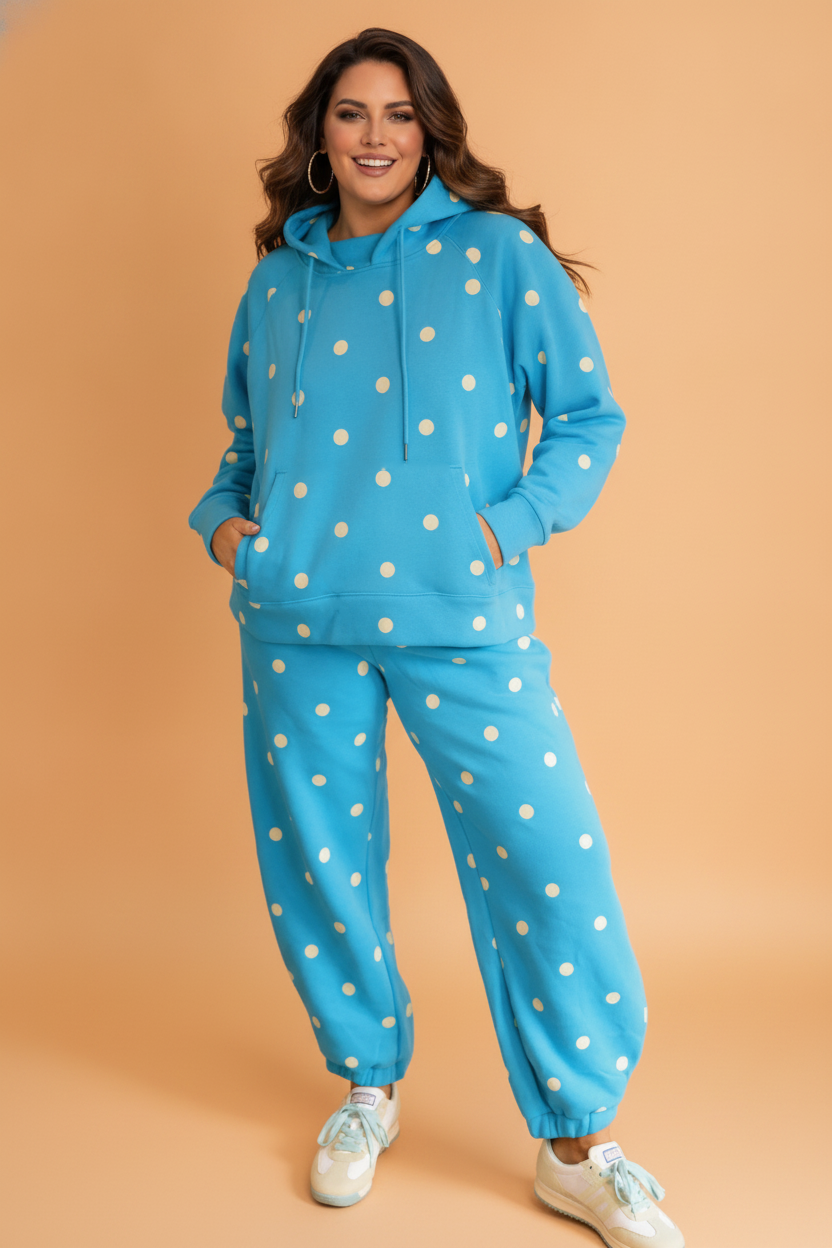 Plus Size Polka Dot Drawstring Hoodie & Pants Set
